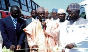 L-R: Vice Chancellor, Kaduna State University, Prof. Williams Quirx, Governor Mukhtar Yero of Kaduna State, Commissioner for Education, Alhaji Muhammed Ali and Chairman, Kaduna State House Committee on Education, Mr Yusuf Zalani, at the inauguration of Kaduna State University buses in Kaduna last Friday.