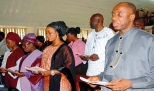 L-R: Wife of Ogun State Governor, Mrs Funso Ibikunle Amosun,Wife of Ogun State Commissioner for Local Government, Mrs Funke Oladipo,Wife of Special Adviser to the Governor on Special Duties, Mrs Funmi Adeyemi, Governor Rotimi Amaechi of Rivers State, at the funeral service of Prof. Wole Soyinka's Daughter, Iyetade, last Friday. Photo: NAN