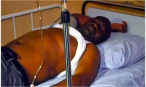 Senator Magnus Abe in critical condition at the emergency unit of Kelsey Harrison Specialist Hospital, after the police attack at the Save Rivers Movement rally in Port Harcourt, yesterday.