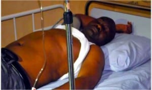 Senator Magnus Abe in   critical condition at the emergency unit of Kelsey Harrison Specialist Hospital, after the police attack at the Save Rivers Movement rally in Port Harcourt, yesterday.