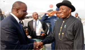 President Goodluck Jonathan (right) being received by the Ivorian Minister for African Integration and Ivorians Abroad, Mr Ali Coulibaly, at the Felix Houphouet Boigny International Airport for the meeting of ECOWAS Heads of State and Government in Abidjan, last Friday
