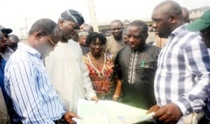 L-R: Lagos Commissioner For Physical Planning, Mr Toyin Ayinde; Gov. Babatunde Fashola; Commissioner for Establishment and Training, Mrs Florence Oguntuase; Chairman, Agbodi-ketu Local Council Development Authority (LCDA), Mr Obafemi Durosinmi and Secretary of the Lcda, Mr Oladele Osinowo, during Gov. Fashola's Inspection of Ajelogo Housing Estate in Lagos on Thursday (9/1/14). Photo: NAN