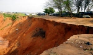 Erosion site at Nekede community in Owerri-West of Imo State last Monday.