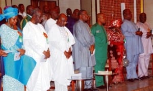 L-R: FCT Minister of State, Oloye Olajumoke Akinjide; PDP Bot Chairman, Chief Tony Anenih; Senate President David Mark; President Goodluck Jonathan; Deputy Speaker, House of Representatives, Chief Emeka Ihedioha; Mother of the President, Mrs Eunice Jonathan; Secretary to the Government of The Federation, Sen Anyim Pius Anyim and the Chief of Staff to the President, Chief Mike Oghiadomhe at the Armed Forces Remembrance Day Inter-denominational Church Service In Abuja on Sunday.