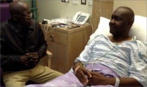 Former Governor of Lagos State and APC Leader, Asiwaju Bola Ahmed Tinubu (left),sympathising with Senator Magnus Abe in his London hospital ward, yesterday 