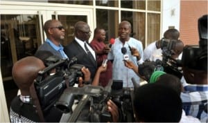 Chief of Staff ,Government House, Port Harcourt, Chief Tony Okocha (middle), answering questions from Chairman Senate Committee on Police Affairs, Senator Igwe Paulinus Nwagu,  and Senator Hadi Serika (member), during their visit to Port Harcourt, yesterday.