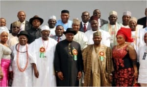 President Goodluck Jonathan (middle) and Vice President Namadi Sambo (2nd right) with members of the Federal Character Commission Board after the inauguration of the  board by the President in Abuja, Wednesday.