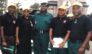 Chairman, Nigerian Legion, Zone A, Port Harcourt, Major Felix Oriaghan (middle), with Vice-Chairman, Major Tunde Ogunbiyi (2nd right), Captain Samuel Ejekwu (right), 2nd Leutenant Roseline Wosu (2nd left) and Captian Babatunde Olakunle, during the Armed Forces Remembrance Day celebration at Isaac Boro Park, Port Harcourt last Wednesday.