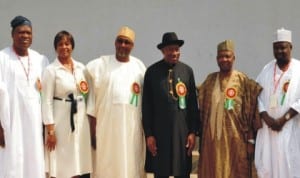 President Goodluck Jonathan and Vice President Namadi Sambo with members of the National Pension Commission Board after the inauguration of the board by the President  in Abuja last Wednesday. Photo: NAN