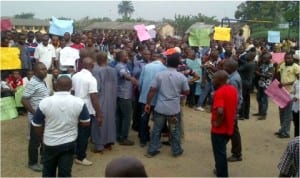 Ogoni youths protesting in Bori, Khana Local Government Council of Rivers State last Wednesday