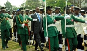 Executive Governor, Rivers State, Rt Hon Chibuike Amaechi (middle) inspecting a parade, during 2014 Armed Forces Remembrance Day celebration at Isaac Boro Park, Port Harcourt, last Wednesday. Photo; Egberi A Sampson