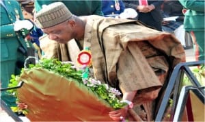 Vice President Namadi Sambo, laying a wreath, during the Armed Forces Remembrance Day celebration in Abuja last Wednesday