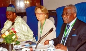 L-R: Supervising Minister of National Planning, Ambassodor Bashir Yuguda, General Director, Globalisation Development and Partnerships, French Ministry of Foreign Affairs, Anne-Marie Descotes and Deputy Director, Development Cooperation Directorate, Mr Serge Tomasi, at the leading group on innovative financing for development  in Abuja, last Friday.