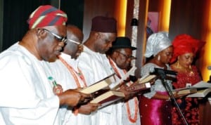 A cross section of members of the Federal Character Commission Board taking their oath of office during the inauguration of the board by President Goodluck Jonathan in Abuja, last Wednesday. Photo: NAN.