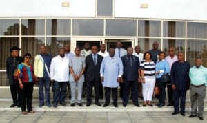 Rivers State Governor, Rt. Hon. Chibuike Amaechi (middle) in a group photograph with members of Rivers State House of Assembly shortly after the signing of 2014 Budget in Government House, Port Harcourt.       Photo: NAN