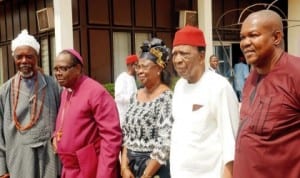 L-R: Prof Vincent Chukwuemeka, Archbishop Maxwell Anikwenwa, Prof. Uche Azikiwe, Prof. Ben Nwabueze and Comrade Elliot Uko, at a committee meeting of Igbo leaders of thought in Enugu State, yesterday.