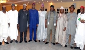 L-R:Governors Tanko Almakura of Nasarawa State, Rauf Aregbesola of Osun State, Kayode Fayemi of Ekiti, Babatunde Fashola of Lagos, Ibikunle Amosun of Ogun State, Rochas Okorocha of Imo State, Abiola Ajimobi of Oyo State, Chibuike Amaechi of Rivers State and the Deputy Governor of Kano State, Alhaji Umaru Ganduje, at a meeting of the APC Governors in Lagos, last Thursday