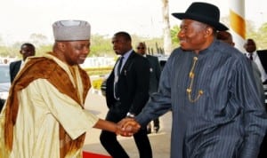 President Goodluck Jonathan being welcomed by Vice President Namadi Sambo while arriving for the presidential launch of Nigeria Mortgage Refinance Company at the Banquet Hall, Presidential Villa in Abuja, recently. 