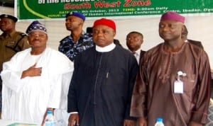 L-R:Governor Abiola Ajimobi of Oyo State, Chairman, Revenue Mobilisation, Allocation and Fiscal Commission, Mr Elias Mbam, representative of Ekiti State Governor, Mr Funmi Afuye and representative of Ogun State Governor, at a Public Hearing on Revenue Allocation Formular, South-West Zone in Ibadan, recently.