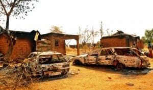 Properties destroyed by unknown people in Shonong, Riyom Local Government Area of Plateau State recently. Photo: NAN.