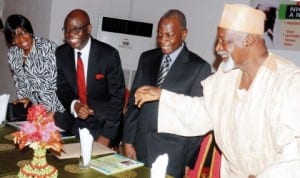 L-R: Wife of the guest speaker, Mrs Layide Bakare, General-Overseer, Latter Rain Assembly, Pastor Tunde Bakare, former President, Court of Appeal, Rtd Justice Ayo Salami and former Governor of Kaduna State, Alhaji Balarabe Musa, at the 10th late Chief Gani Fawehinmi Annual Lecture/Symposium in Lagos, recently.               Photo: NAN