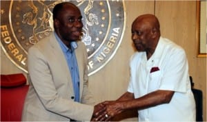 Rivers State Governor, Rt. Hon. Chibuike Rotimi Amaechi and Prof. Tam David-West, when the Professor led Kings, Chiefs, Elders, Youths and representatives of Soku, Kula, Idama, Elem-Sangama and Abisse oil-bearing Kalabari communities of Rivers State on a solidarity visit on the Soku Oil wells dispute, to the Governor in Port Harcourt, last Friday