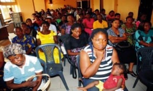 Beneficiaries of National Directorate of Employment (NDE) Micro credit disbursement in Enugu, yesterday.