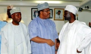 L-R: Permanent Secretary, Ministry of Works, Alhaji Abubakar Mohammed,  Minister of Works, Mr Mike Onolememen and Governor Ibrahim Dankwambo of Gombe State, during his visit to the Minister yestersday. Photo: NAN. 