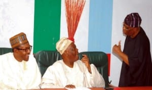 L-R: Former Head of State,  Major General Muhammadu Buhari (rtd), Interim Chairman, All Progressives Congress (APC), Chief Bisi Akande and former Governor of Ogun State, Chief Segun Osoba, at the meeting of the party in Abuja, yesterday.