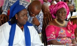 Rivers State Commissioner for Information and Communications, Mrs Ibim Semenitari (left), listening to Mr Obele Chu of RSTV, during the 2014 annual thanksgiving service of the ministry at All Saints Cathedral, Rumukwurusi, Port Harcourt, last Sunday. With her is the Permanent Secretary of the ministry, Mrs Cordelia Peterside