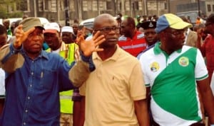 L-R: Lagos State Commissioner for Environment, Mr Tunji Bello, Commissioner for Information and Strategy, Mr Lateef Ibirogba and Chairman, Ifelodun Local Development Area, Mr Shuaibu Ajidagba, during the monitoring of environmental sanitation exercise in Lagos last Saturday.