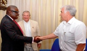 Deputy Governor of Cross River State, Mr Efiok Cobham (left), in a handshake with the Managing Director, Lilleker Brothers Nigeria Ltd, Mr Travor Ralton (right), during the signing of N3.7 billion contract for Ikom water supply scheme in Calabar last Friday. With them is the Senior Manager, Lilleker Brothers, Mr Hewar Thorpe.