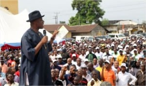 Governor Chibuike Amaechi, addressing participants at a rally organised by Save Rivers Movement in Bori, last Saturday