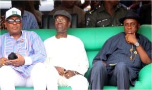 Governor Chibuike Amaechi of Rivers State (right), with member, House of Representatives, Hon Andrew Uchendu (middle) and Rivers State interim  Chairman, APC, Mr Davies Ibiamu Ikanya, during a rally organised by Save Rivers Movement  in Bori, last Saturday.