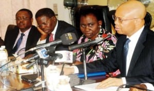 L-R: Permanent Secretary,  Lagos Ministry of Economic Planning and Budget, Mr Bayo Sodade, Commissioner for Finance, Mr Ayo Gbeleyi, Special Adviser to Lagos Governor on Budget, Mrs Iyabowale Aluko and Commissioner for Economic Planning and Budget, Mr Ben Akabueze, at the 2014 Lagos State Budget breakdown in Lagos, yesterday