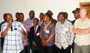 Director General, Iita, Dr Nteranya Sanginga (left), speaking at the Sustainable Weed Management Technologies for Cassava System in Nigeria project-kick-off workshop in Ibadan, last Tuesday. Photo: NAN