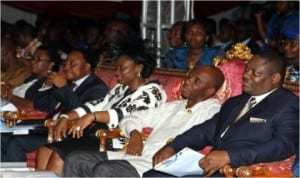 R-L: Deputy Governor, Rivers State, Engr. Tele Ikuru, flanked by Rivers State Governor, Rt. Hon. Chibuike Rotimi Amaechi, wife of the Governor, Dame Judith, SSG, Mr George Feyii, at the 2014 Thanksgiving and Dedication Service in Port Harcourt, last Monday.