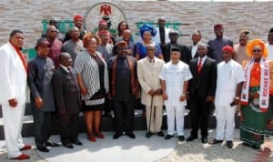 Governor Rochas Okorocha (5th left) of Imo State with the newly appointed technical committee chairmen of the 27 local government areas of the state, during their inauguration in Owerri , recently. photo: NAN