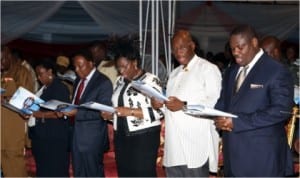 R-L: Deputy Governor, Rivers State, Engr. Tele Ikuru,  Governor, Rt. Hon. Chibuike  Amaechi, wife of the Governor, Dame Judith, SSG, Mr George Feyii and others, at the 2014 Thanksgiving and Dedication Service in Port Harcourt, last Monday.