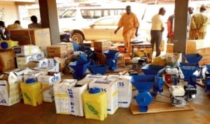 Farm tools and equipment donated to various FADAMA user groups in Iseyin Local Government Area of Oyo State, recently. 