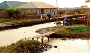 Some people in Imoren Community scooping fuel from the creek at the site of the petrol spillage in Lagos, recently.