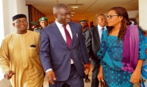 L-R: Senate Leader, Senator Victor Ndoma-Egba, Deputy Senate President, Senator Ike Ekweremadu and member, Senate Committee on Defence and Army, Senator Chris Anyanwu, after plenary in Abuja, yesterday. Photo: NAN