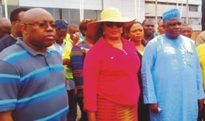 L-R: Managing Director, Federal Airports Authority of Nigeria (Faan), Mr George Uresi, Minister of Aviation, Princess Stella Oduah and Commissioner for Accident Investigation Bureau, Capt. Muhtar Usman, during inspection of the ongoing re-modelling of Port-Harcourt International Terminal in Port Harcourt  last Saturday. Photo: NAN