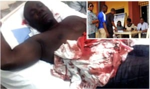 Special Adviser to the Chairman, Akuku-Toru Local Government, Mr Ominini Bibi on his hospital bed yesterday after the attack on him by suspected PDP and GDI assailants, during the APC registration exercise at Abonnema. Inset: Prospective members of APC waiting to register at Ward 12 Ojukwu Field Mile 1 in Port Harcourt, last Wednesday.