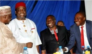 L-R: Minister of Special Duties, Alhaji Tanimu Turaki, Minister of Labour and Productivity, Chief Emeka Wogu, President, Trade Union Congress of Nigeria (TUC), Comrade Bobboi Kalgama and former TUC President, Comrade Peter Esele, at the launch of TUC Housing Development Scheme for civil servants in Abuja last Thursday.