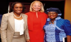 L-R:  Minister of Communication Technology, Mrs Omobola Johnson, IBM Chairman, Ginni Rometty and Minister of Finance and Coordinating Minister for the Economy, Dr Ngozi Okonjo-Iweala, after a meeting in Abuja, last Thursday. Photo: NAN
