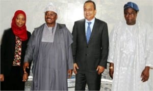 L-R: An economist with World Bank, Miss Halima Zama, Governor Abiola Ajimobi of Oyo State, Head, Private Sector and Finance, World Bank, Mr Michael Wong and Deputy Governor of Oyo State, Chief Moses Adeyemo, during the visit of World Bank’s Team to the governor in Ibadan, yesterday