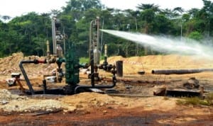 A broken pipe of an oil well located in Egbebiri Area of Biseni Community, Yenagoa Local Government Area, Bayelsa State discharging a mixture of crude and gas into the surrounding environment, yesterday. Photo: NAN