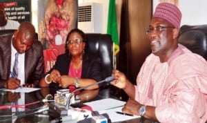 Permanent Secretary, Federal Ministry of Health, Amb. Sani Bala (right), briefing newsmen on the activities marking the World Cancer Day in Abuja,  yesterday. With him are Director, Hospital  Services, Dr Patience Oshinubi (middle) and representative of the Director, National Cancer Control Programme, Dr Uche Nwokwu. Photo: NAN