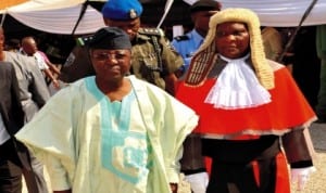  Plateau State Governor Jonah Jang (left), with Retiring State Chief Judge of the, Justice Lazarus Dakyem, at the Valedictory Court session in Jos, recently.